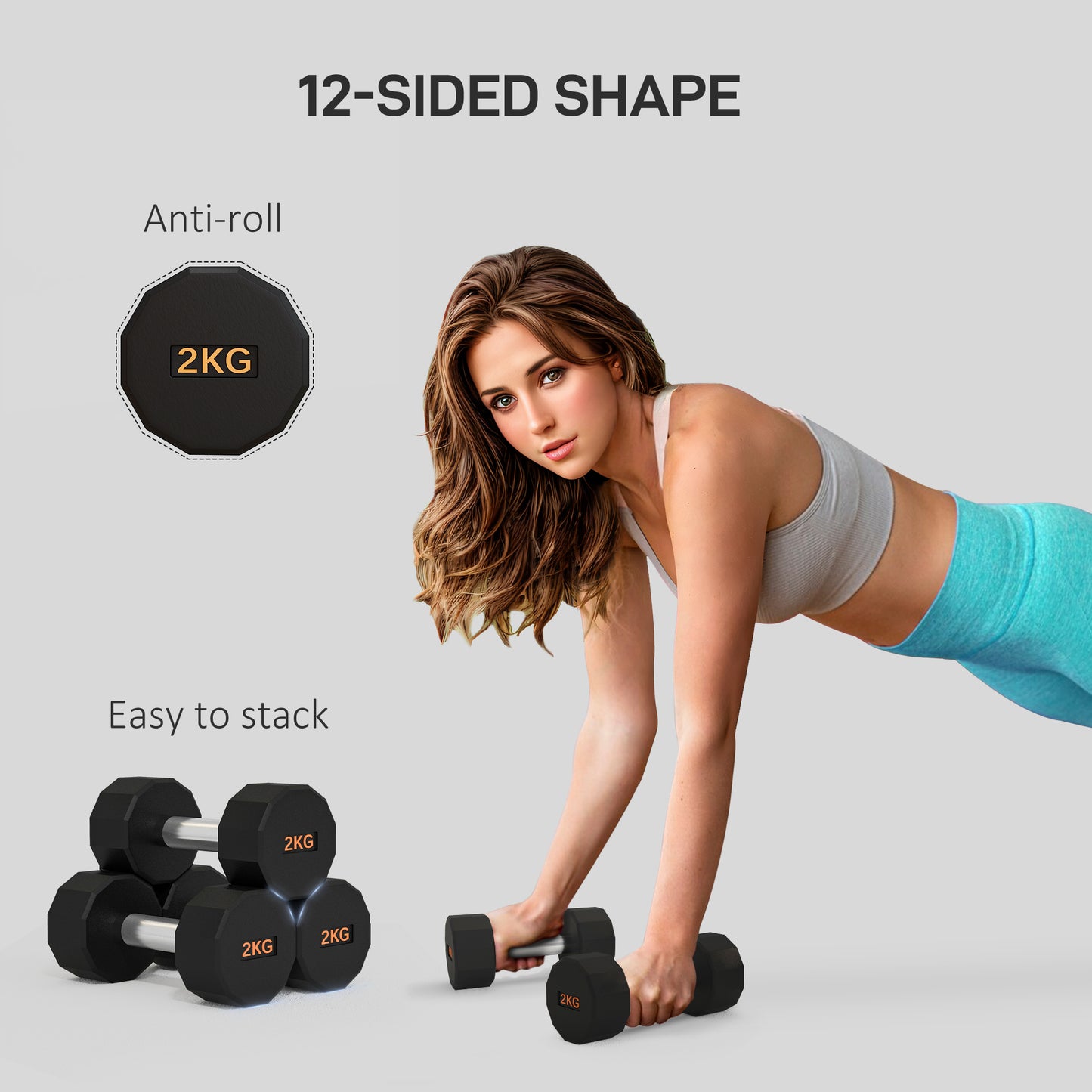 2x 2kg Dumbbells Weights Set with 12-Sided Shape and Non-Slip Grip for Men or Women Home/Gym Workouts